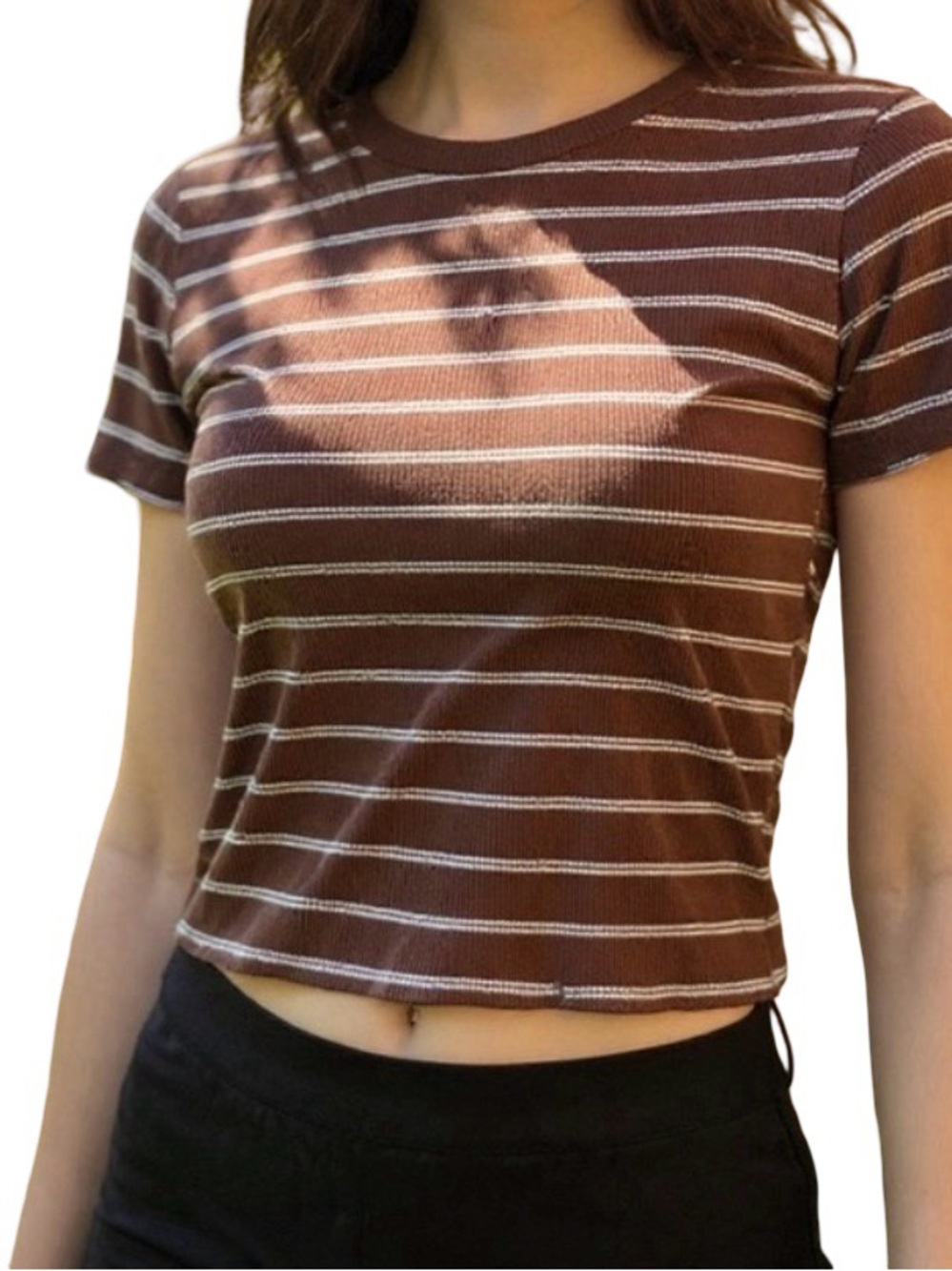 Heart Hips Brown Striped Top Slightly Cropped Size Large